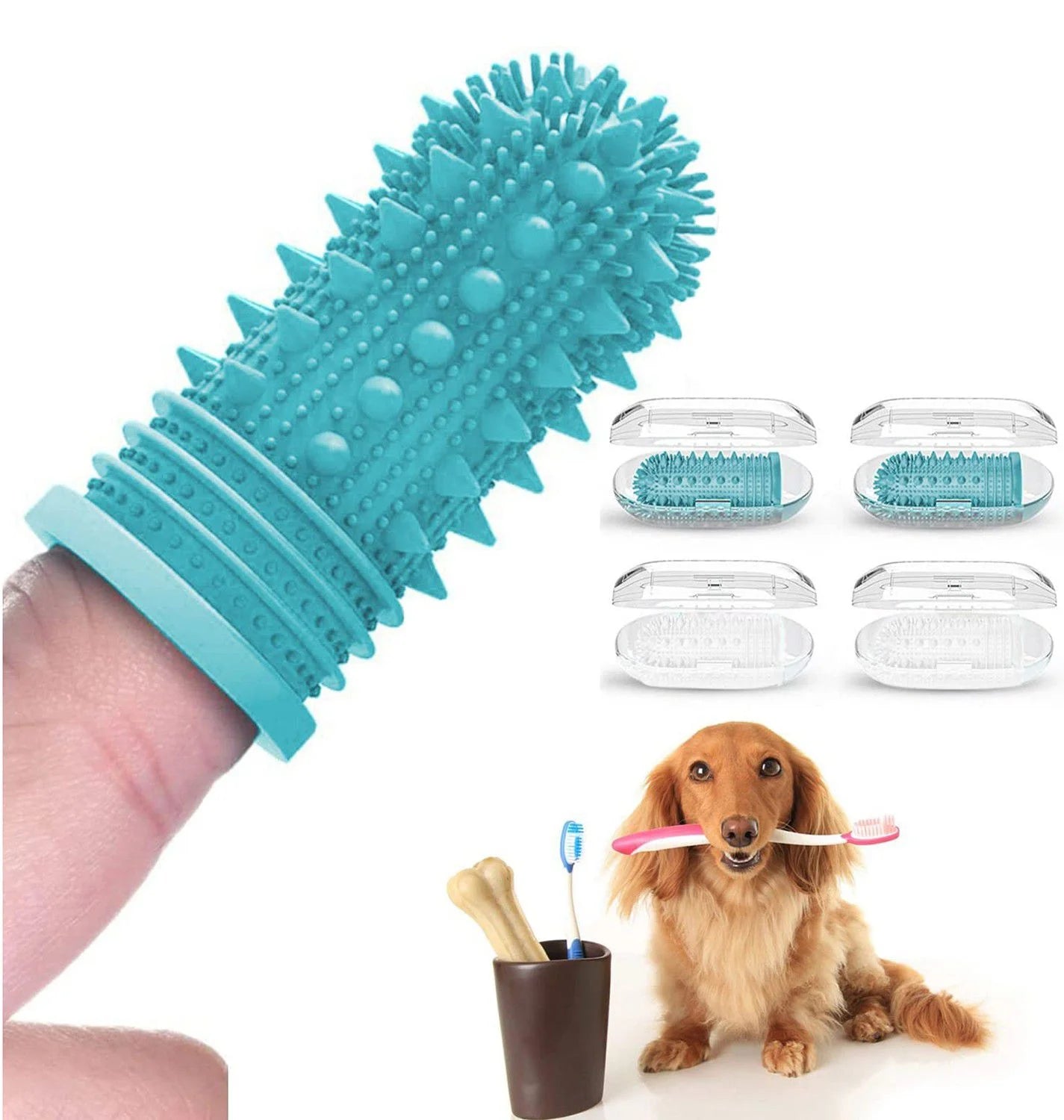 Dog Toothbrush Kit (4-Pack) Enhanced Version 360º Full Surround Soft Bristle Fingerbrush for Easy Cleaning Tongue and Teeth Cleaner Plaque Remover, Dental Care for Puppies, Cats and Most Pets